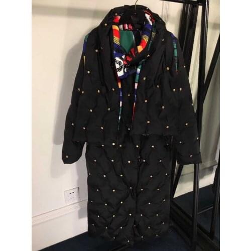 New 2021 Winter jacket women down jackets womens long down coat nail bead overcoat down outerwear brand coat famous scarf