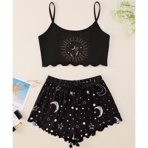 New Style Lady’s Summer Cartoon Moon And Star Print Camisole With Silks Shorts Pajama Set Home Wear Sleepwear Underwear