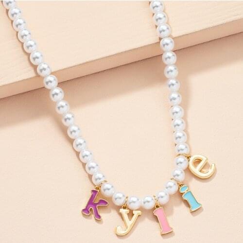Ins Retro Cute Letter Pendant Pearl Necklace Simple Fashion Personality Design Drop Oil Alloy Clavicle Chain for Women Girl Gift