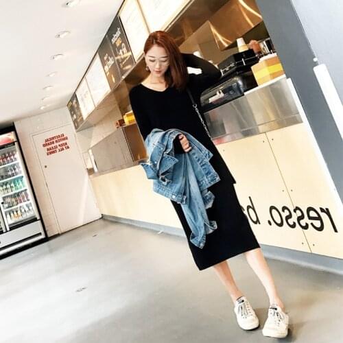 Sexy Womens Long Sweater Dress Autumn and Winter Long Sleeve V-neck Split Black Knit Dresses