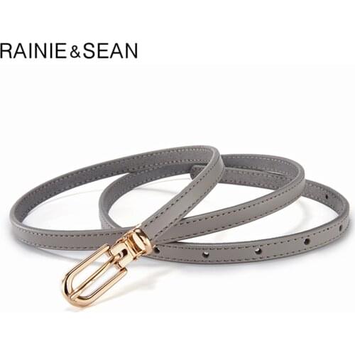 RAINIE SEAN Cowskin Thin Women Belt Genuine Leather Ladies Waist Belt for Dress Casual Solid Gray Black Red Trousers Belt 105cm
