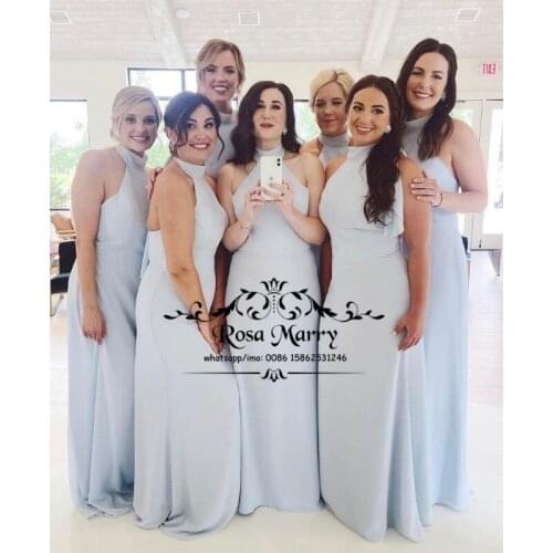 Light Blue Backless Mermaid Bridesmaids Dresses 2021 Halter Plus Size Long Simple Satin Wedding Guest Gowns Maid of Honors