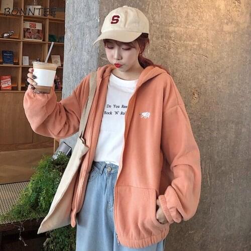 Hoodies Women Thickening Korean Winter Simple All-match Kawaii Cartoon Embroidery Preppy Girls Zip-up Hooded Fashion Sweatshirt