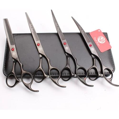 Z3003 4Pcs Set 7'' Black Color Pets Hair Suit Cutting Shears + Thinning Scissors + Professional Dogs Cats Up/Down Curved Shears