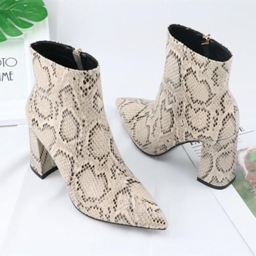 New Big Size 33-43 Snake Pu Leather Pointed Toe Zip High Heels Shoes Woman Casual Party Spring Autumn Ankle Boots