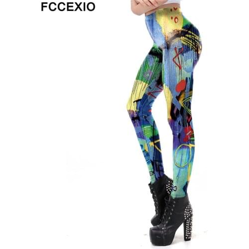 FCCEXIO Women Fitness Leggings Sexy Casual Highly Elastic Color Paint Printed Plus Sizes Leggins Pants Trousers Workout Legging