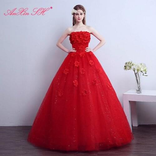 AXJFU flower lace red princess wedding Dress bride strapless littler flower vintage white turkey wedding dress