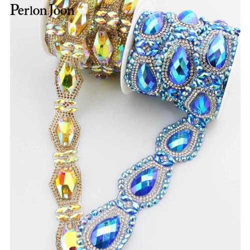 1yard gold AB blue AB crystal rhinestone trim DIY big rhinestone ribbon ironing dress shoes bags decoration accessories