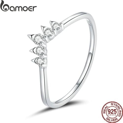 Bamoer 925 Sterling Silver Crown Ring Finger Rings for Women Vintage Retro Stackable Rings Band Silver Fine Jewelry SCR686