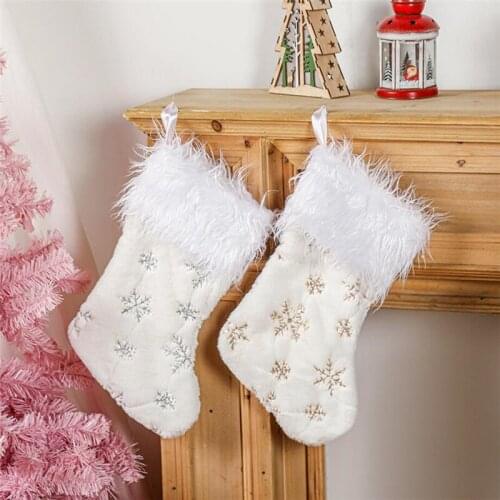 White Plush Snowflakes Embroidered Christmas Stockings Gifts Bag Hanging Loops Xmas Tree Fireplace Candy Socks Christmas Decor