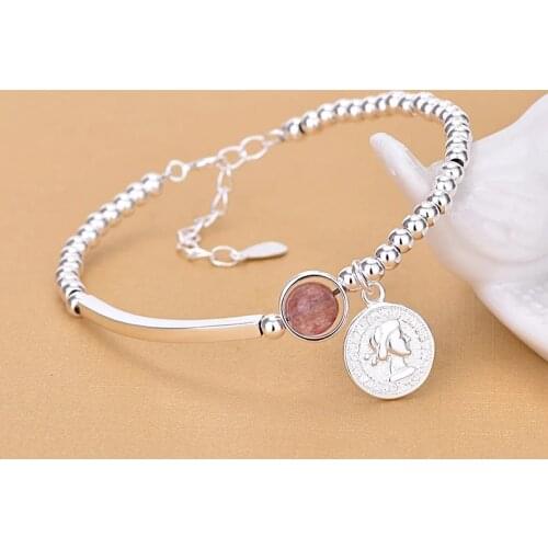 925 Sterling Silver Korean Pink Crystal Round Bead Charm Bracelet &Bangle For Women Wedding Jewelry Party SL112