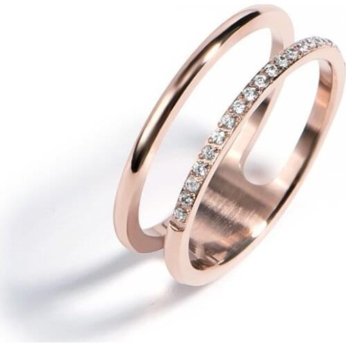 18KGP Rose Gold Color Titanium Steel CZ Zircon Rings Fashion 316L Stainless Steel Jewelry for Female Lady (KGR005)