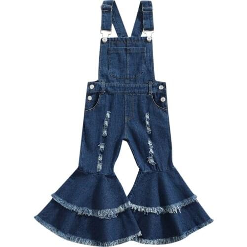 1-6Y Lovely Fashion Children Baby Girls Rompers Layered Flare Pants Denim Button Sleeveless Backless Jumpsuits Overalls