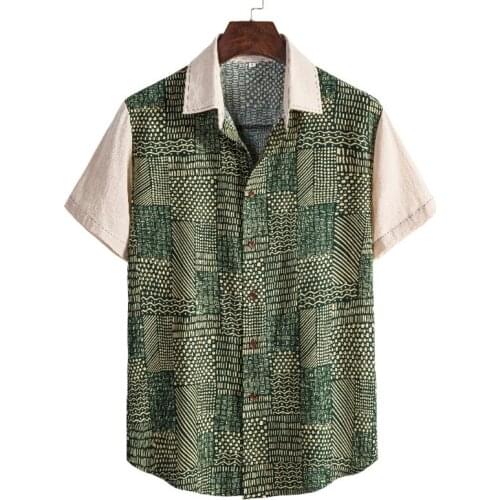Vintage Green Print Hawaiian Shirt Men 2021 Summer New Short Sleeve Cotton Linen Shirt Mens Casual Beach Shirts Camisa Hombre