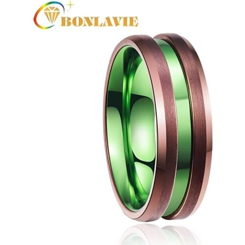 BONLAVIE Mens Ring Electroplated Brown Green Middle Groove Tungsten Steel Ring Engagement Ring Jewelry Accessories