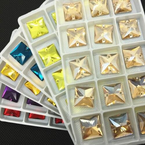 14mm Square Sew On Rhinestone Glass Crystal Multi Colors Sew-on Stone Flatback DIY Garment Dress Accessories