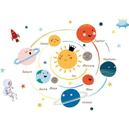 Cartoon Solar System Wall Sticker Removable Space Planet Decals Universe Wallpaper Kids Room Wall Art Decor
