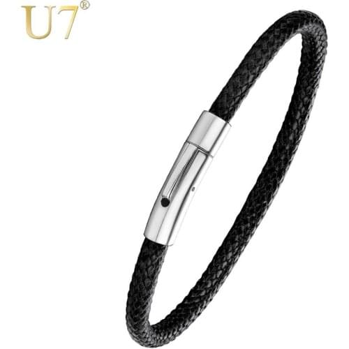 U7 5MM Wide Braided Leather Cord Rope Bracelet for Men DIY Black Brown Chain Bangle Stainless Steel Clasps 18/20/22CM H1088