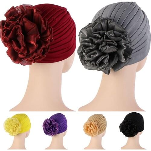 2021 New Solid Color Turban Hat Female Stylish Indian Exaggerated Big Flower Turban Hat Western Style Comfortable Pullover Hat