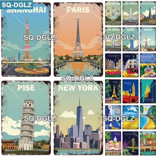 PARIS City Metal Sign Vintage Plaque Plate Decor For Pub Bar Wall Decor Tin Sign NEW YORK/PISE/SHANGHAI Poster Gift