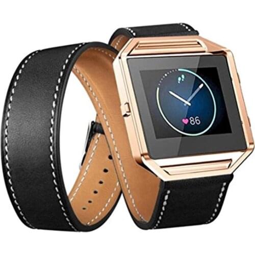 Genuine Leather Watch Band Metal Frame Housing + Fashion Leather Double Ring Wristband Strap For Fitbit Blaze Smart Watch Strap