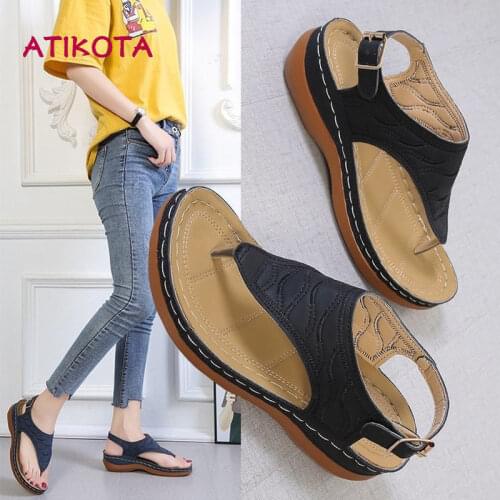 Atikota Women Sandals Clip Toes Vintage wedges Retro Shoes Casual Beach Sandal for Ladies