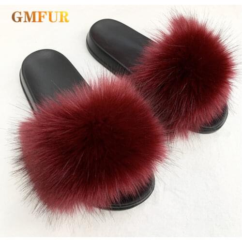 Ladies Slippers Summer New Style Faux Fox Fur Slides Indoor Outdoor Beach Shoes Female Raccoon Soft Plush Flip flop Sandal Women
