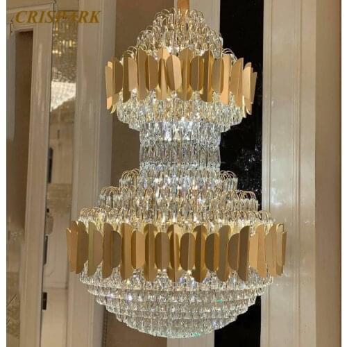 Modern Luxury Crystal Chandelier Lighting Golden Stainless Crystal Pendant Hanging Lamp for Staircase Hotel