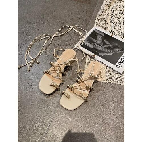 Summer new net red evening breeze gentle shoes thick heel shoes Pearl Beach Shoes Women