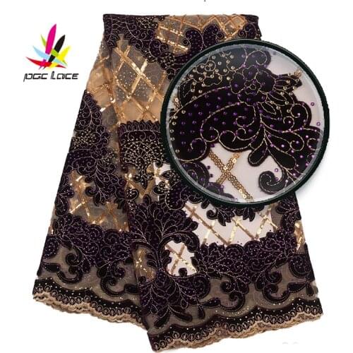 Velvet Fabric Lace Sequin Embroidered African Nigeria Embroidery Burnt Orange Color Net Sequence Latest Hot Sale Fashion