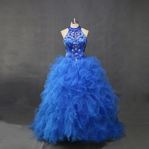 High Qualtiy vestido de formatura halter o neck vestidos de fiesta de noche ball Gown sashes tulle dress beading vestido lace-up