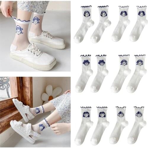 Women Summer Sheer Glass Fiber Short Ankle Socks Sweet Cartoon Japanese Lolita Girl Jacquard Pattern Ruffle Hosiery