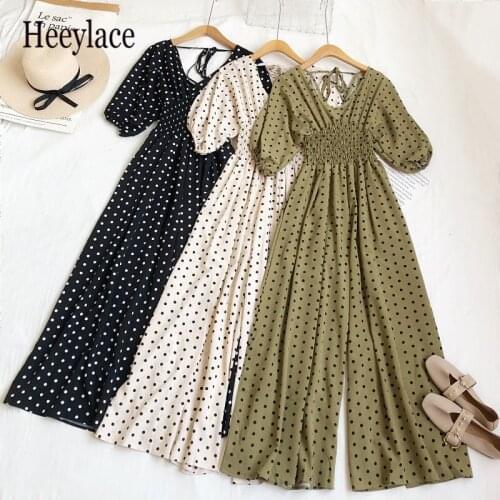Women Rompers 2021 New V-neck Polka Dot High Waist Lace-up Puff Short Sleeve Wide-leg Trousers Fashion Elegant Female Jumpsuit