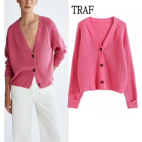 TRAF Za Women Knit Cardigan 2021 Autumn Vintage Top Pink Knit Jacket Long Sleeve Top Woman Clothing Loose Buttons Women Cardigan