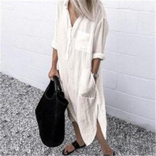 Women Long Sleeve Shirt Dress Solid Side Split Long Dress Ladies Turn-down Collar Loose Pocket Sundress Party Dress