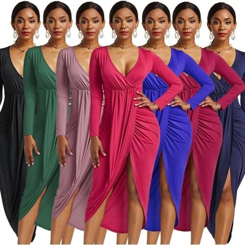 High Stretch Women Robe Summer 2020 Long Sleeve V-neck Irregular Slim Sexy Dress High Waist Solid Color Summer Dress Vestidos