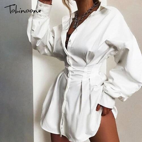Tobinoone Vintage elagant women mini shirt dress Casual long sleeve short dress Turndown collar button linen female dresses