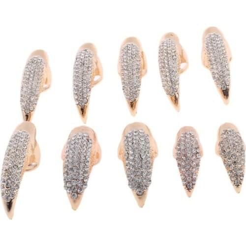 10 PCS Halloween Costume Claws Fake Nails Ring Set, Gothic Punk 3 Sizes Crystal Full Finger Rings Paved Paw Bend Fingertip Claw