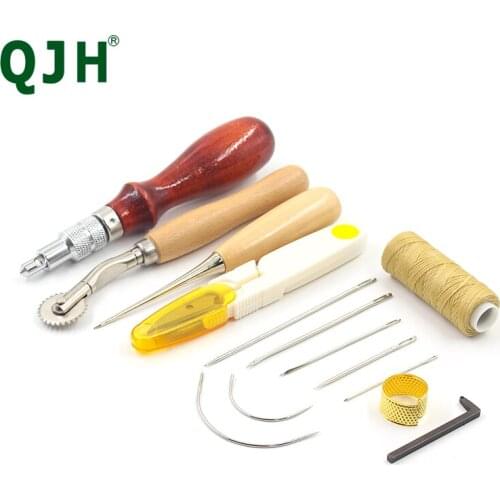 13pcs Leather Edge Grooving Device Tool Cloth Spacing Wheel Awl Scissor Sewing Needles Waxed Thread Thimble Leather Tool Set