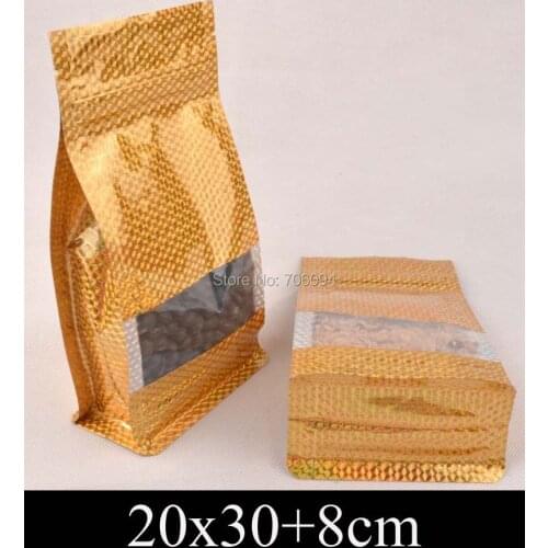 20*30+8cm Standup gold ziplock plastic bag,golden Ziplock flat bottom bellow pocket bag window plastic packing bag,80pcs/lot