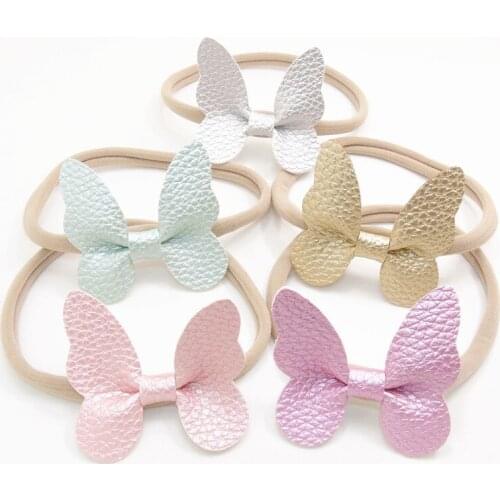 20 PCS/lot, Spring Butterfly Bow On Nylon Headband, Faux Leather Butterfly Headband