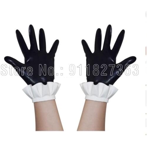 Free Shipping !!! Black And White Sexy Lady Short Latex Gloves With Ruffles Wrist Rubber Mittens