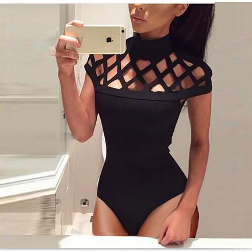 AECU Bodysuit Women Hollow Out Sexy Turtleneck Caged Skinny Solid Short Sleeve Bodycon Women Tops Bodycon Body Mujer