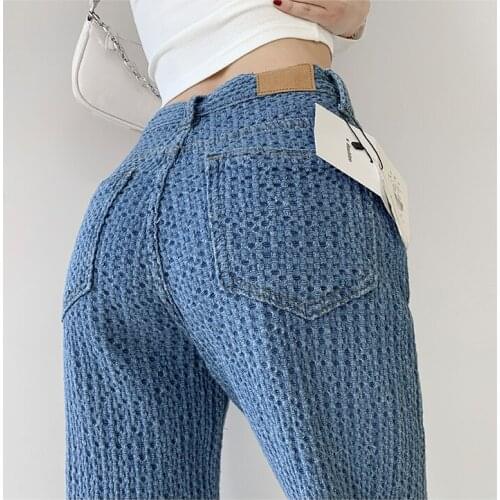 European Autumn New Denim Woven High Waist Slim Knitted Casual Wide-leg Mopping Straight Jeans Pants Women Fashion Streetwear
