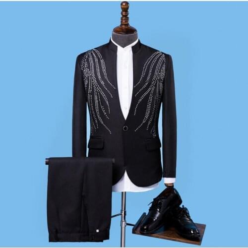 Black men suit set with pants 2020 mens wedding suits costume Singer star style dance stage clothing youth formal dress fashion
