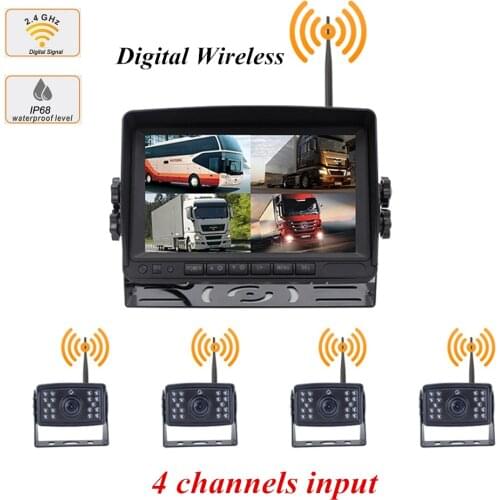 2.4G Digital Wireless 7" HD IPS Screen Vehicle Rear View Monitor Backup Camera Parking System 4 Cameras For Truck RV Trailer Bus