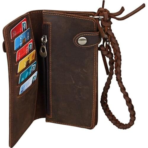New Fashion Top Layer Cowskin Long Wallet with Braided Hand Strap Vintage Genuine Leather Coin Purse Luxury Card Clutch Bag