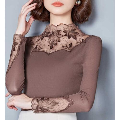 Hollow Out Women T-shirts Spring Autumn Casual Long Sleeve Lace Patchwork Turtleneck Tees Tops Mesh Spliced Elastic Slim Tshirts