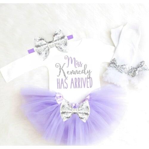 Personalized purple silver Baby Girl clothes First Birthday shirt tutu headband Newborn Princess has arrived Baby Shower Outfit