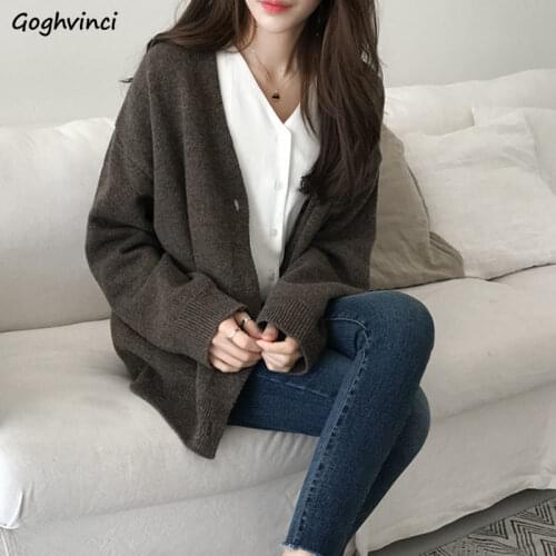 Sweaters Women Autumn Solid Single Breasted Cardigans V-neck Leisure Warm Loose Female Jumpers Knit Korean Simple Outwears Retro